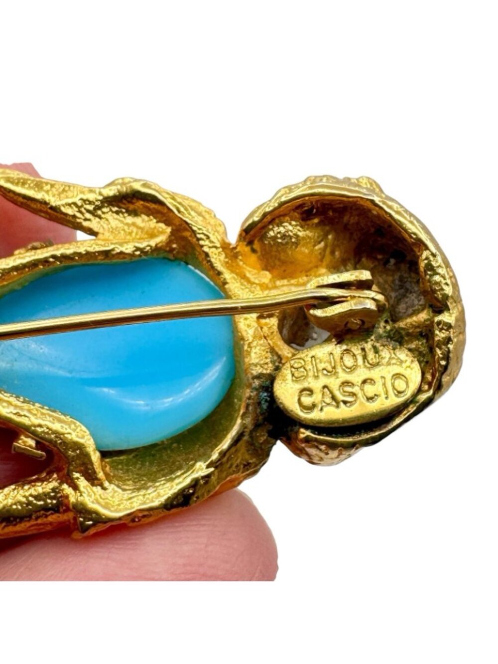 Vintage Bijoux Cascio Owl Brooch Gold-Tone Figural Blue Art Glass Belly Italy - Picture 3 of 9